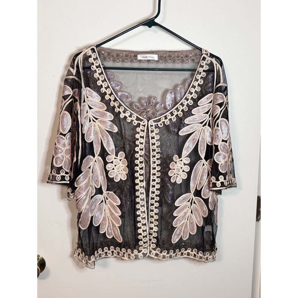 Simply Couture Black Sheer Mesh Sequin Floral Embroidered Cardigan Blouse XL